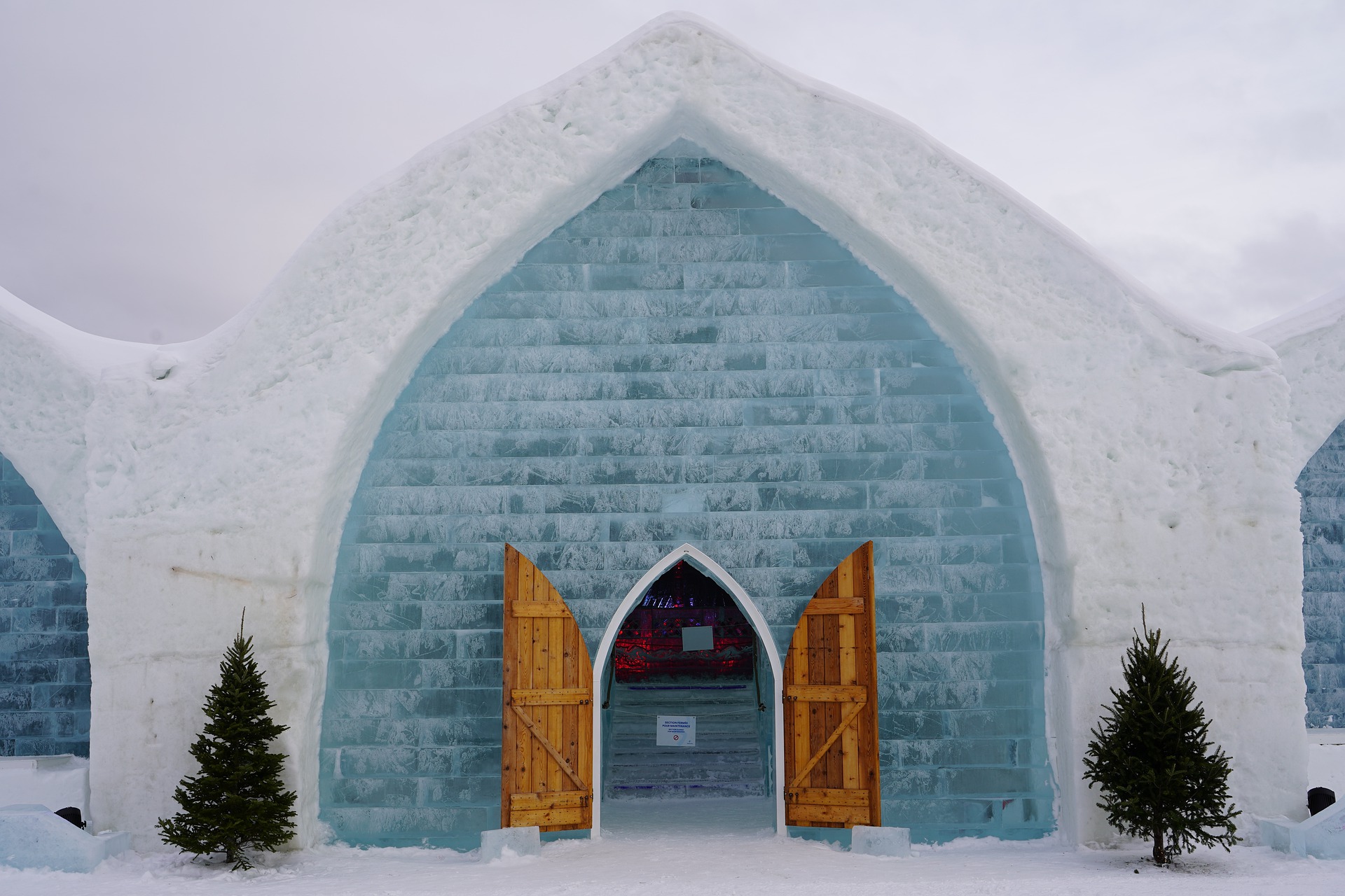 A hotel entrance made out of ice and snow