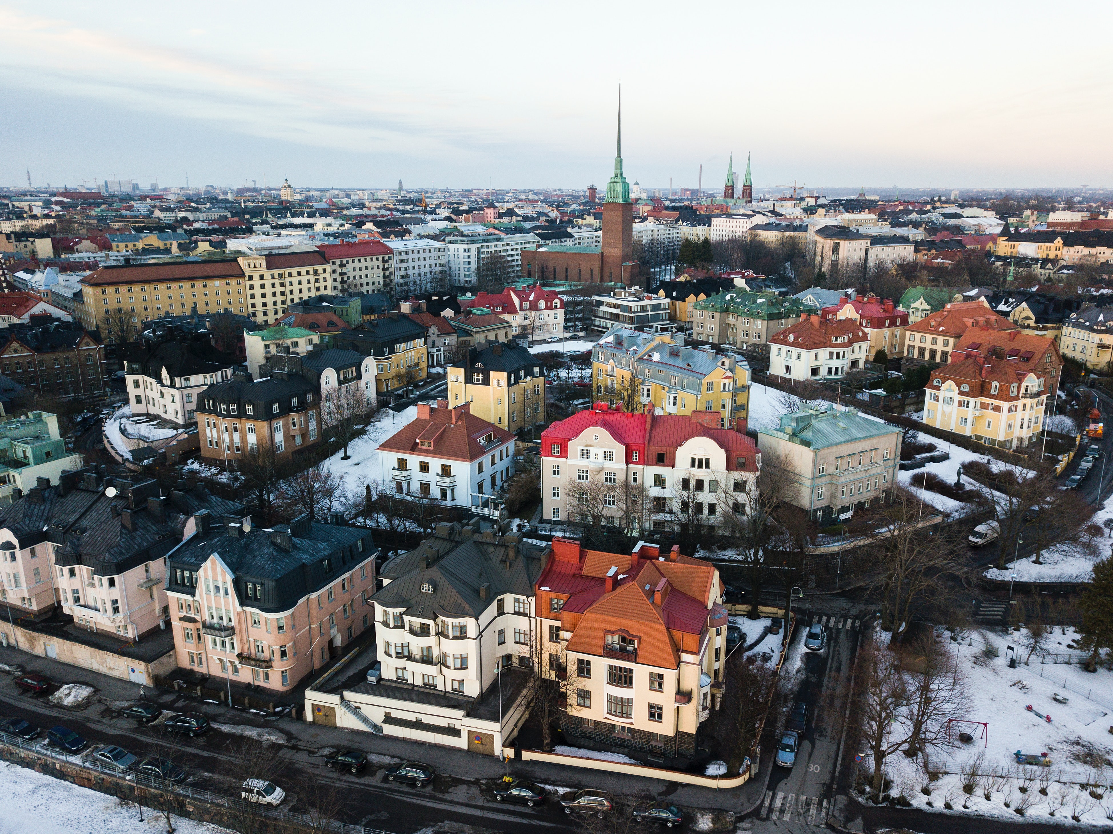 Colorful buildings from an aerial view in the Nordic city of Helsinki