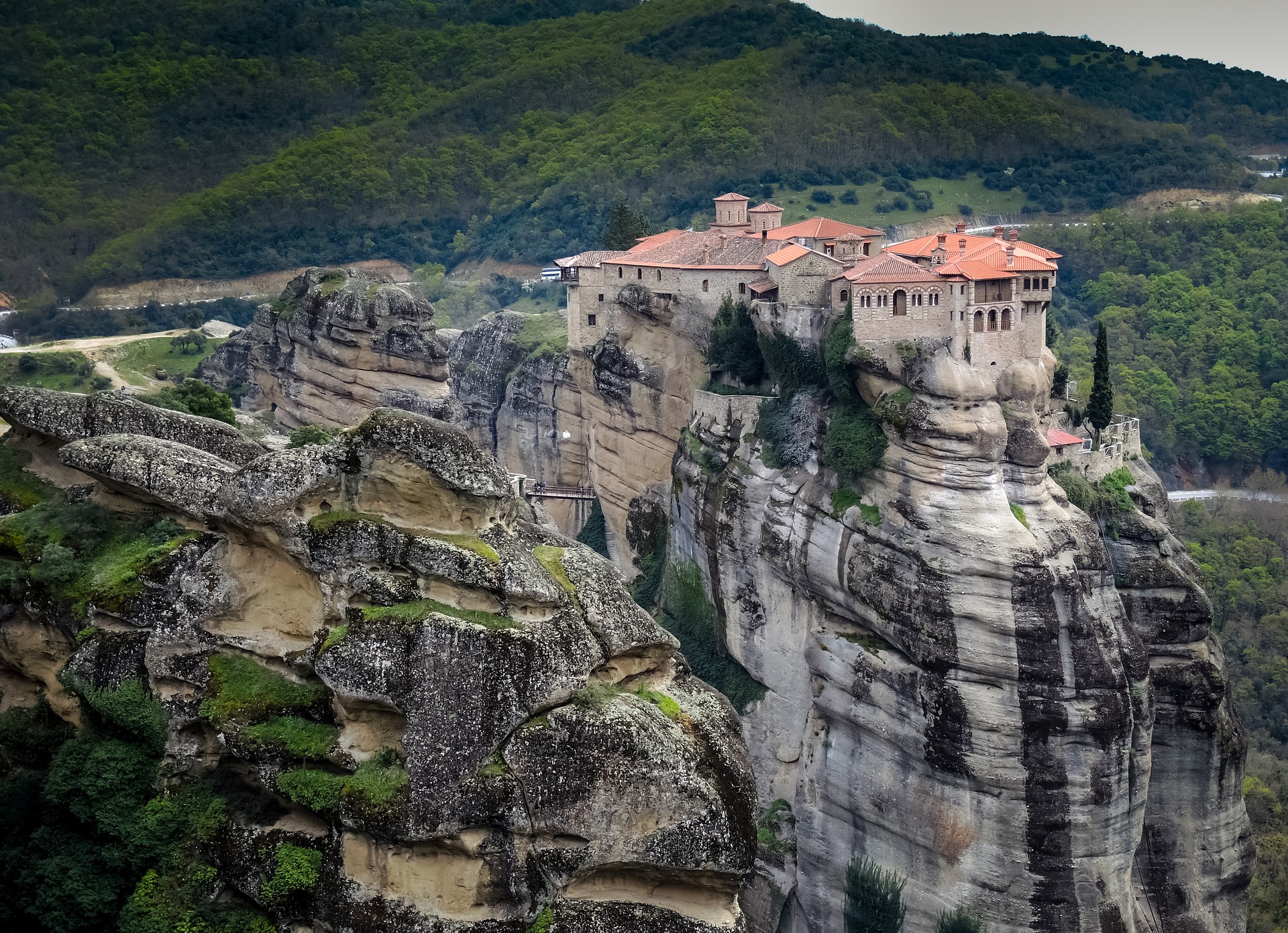 Monastery on a rock in the rocky landscape of Meteora