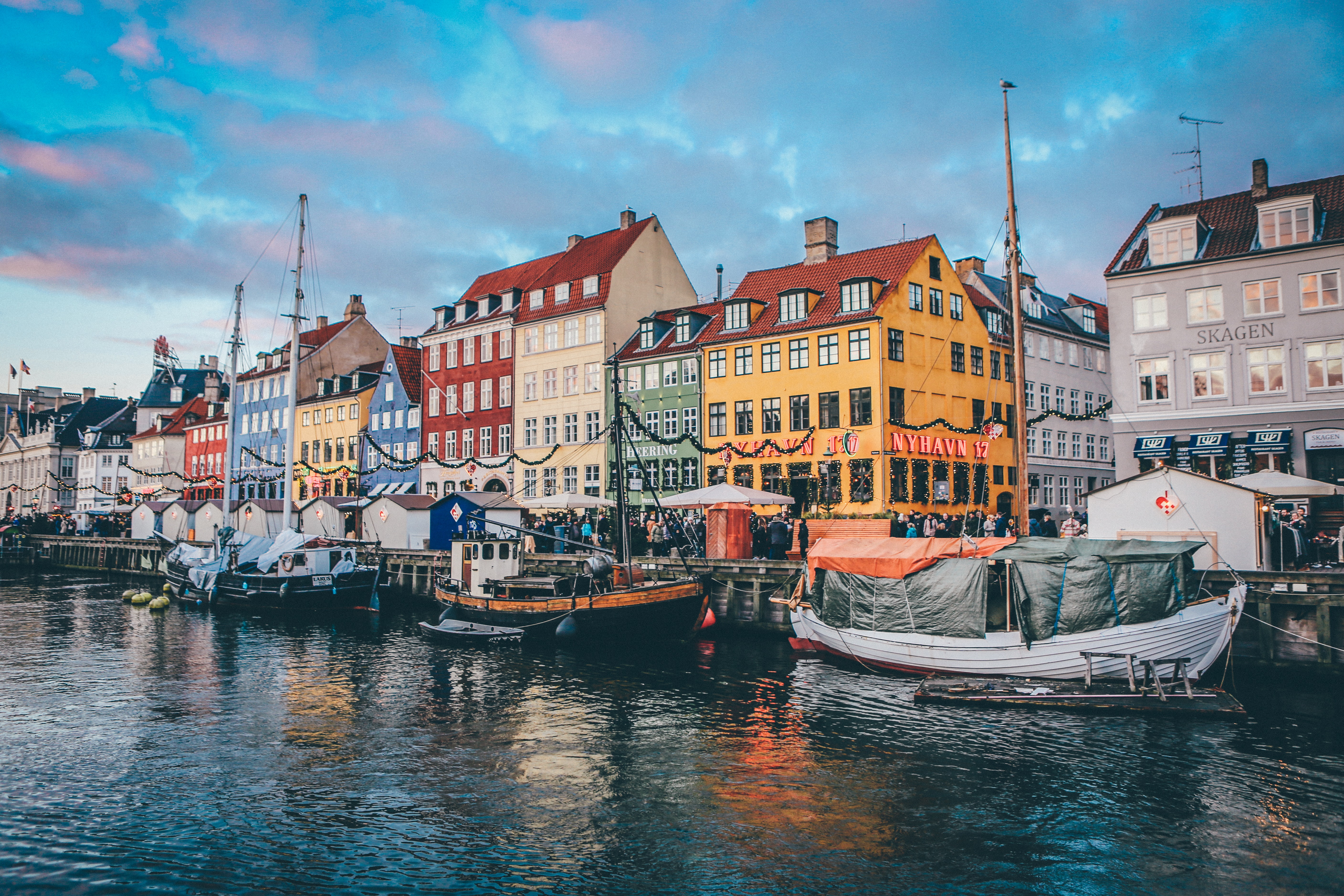Colorful houses and ships at a canal in Denmark