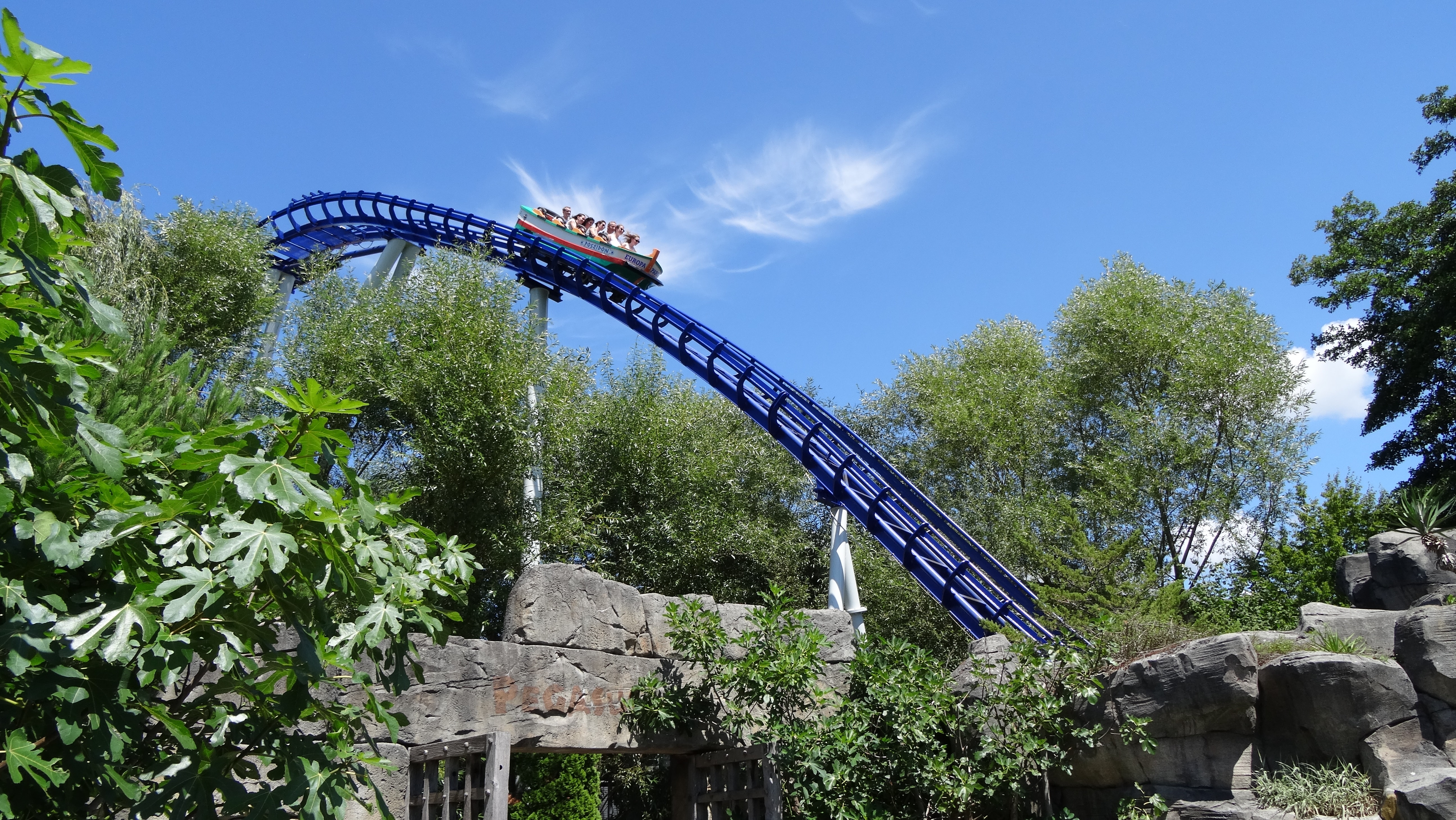 A roller coaster at Europapark against a blue sky.