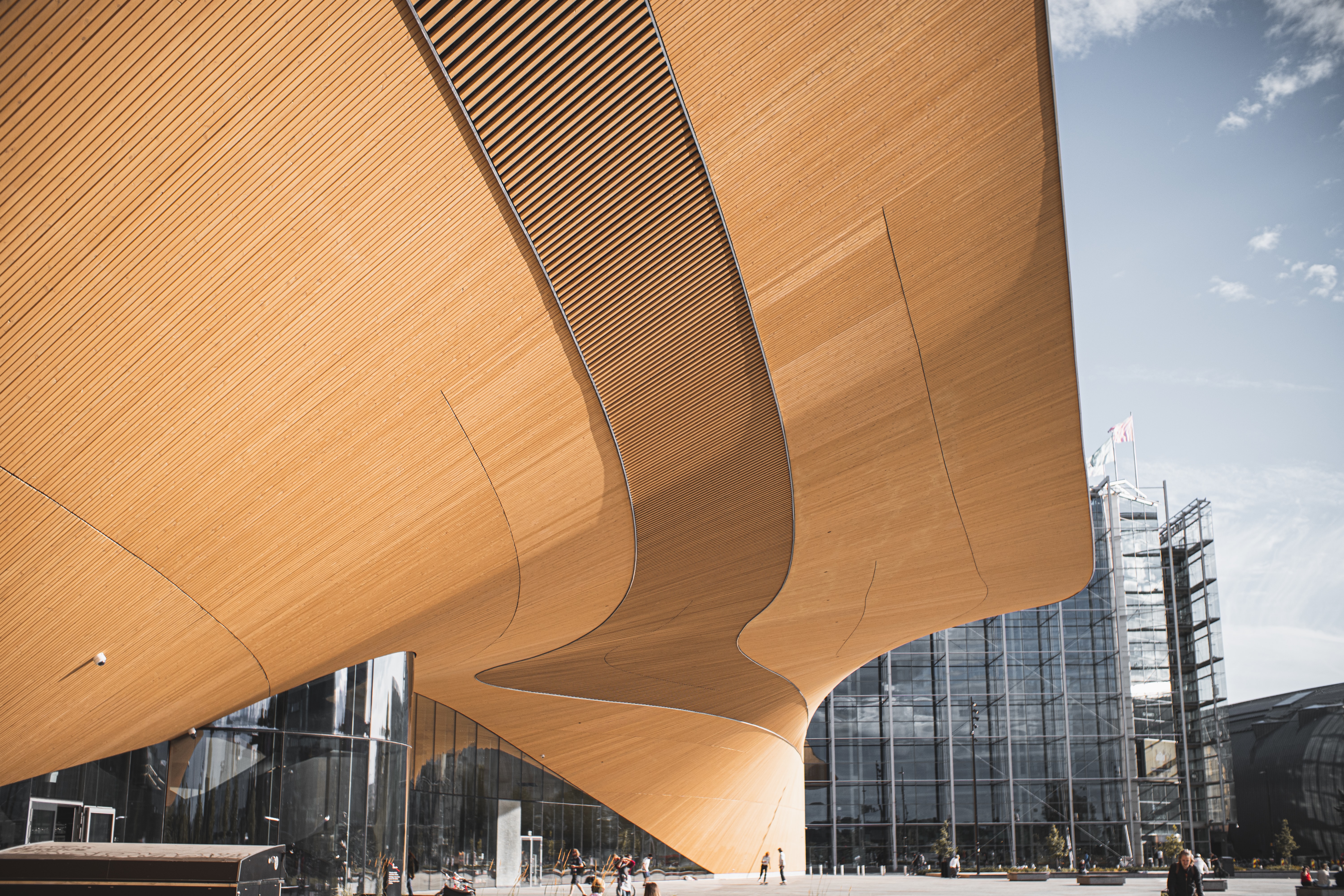 Contemporary wooden building with wave design